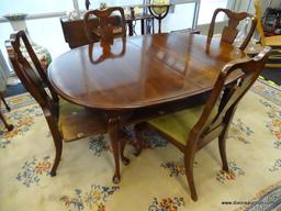 DINING ROOM SET; INCLUDES A MAHOGANY QUEEN ANNE DINING TABLE WITH TWO 10 IN LEAVES (MEASURES 80 IN X