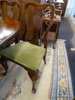 DINING ROOM SET; INCLUDES A MAHOGANY QUEEN ANNE DINING TABLE WITH TWO 10 IN LEAVES (MEASURES 80 IN X