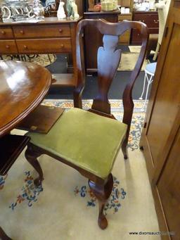 DINING ROOM SET; INCLUDES A MAHOGANY QUEEN ANNE DINING TABLE WITH TWO 10 IN LEAVES (MEASURES 80 IN X