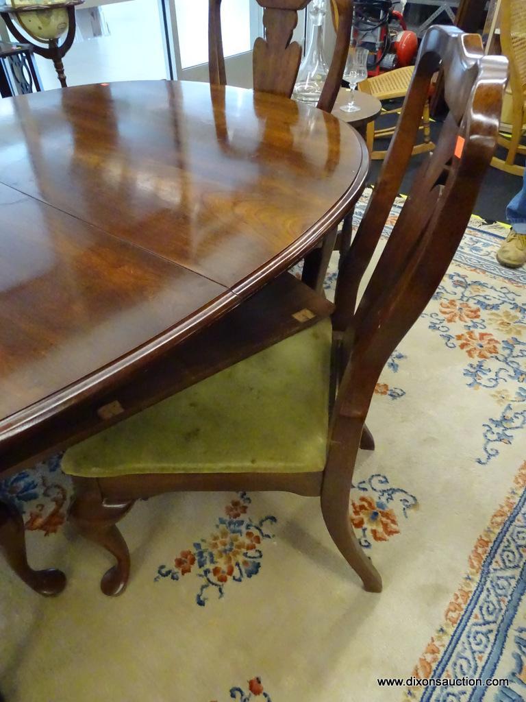 DINING ROOM SET; INCLUDES A MAHOGANY QUEEN ANNE DINING TABLE WITH TWO 10 IN LEAVES (MEASURES 80 IN X