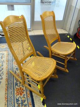 CANE BACK ROCKERS; PAIR OF LIGHT WOOD ROCKING CHAIRS WITH INTACT CANE BACKS AND SEATS. THESE ROCKERS