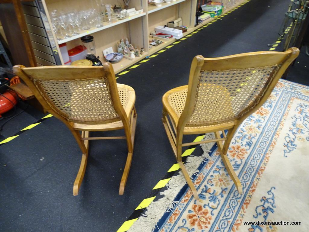 CANE BACK ROCKERS; PAIR OF LIGHT WOOD ROCKING CHAIRS WITH INTACT CANE BACKS AND SEATS. THESE ROCKERS