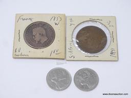 LOT OF ASSORTED FOREIGN COINS; 4 COIN LOT TO INCLUDE: 1855 FRENCH DIX CENTIMES IN SLEEVE, 1941 SOUTH