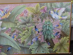 (FRONT) LARGE TROPICAL BALI CANVAS; OVERSIZED CANVAS WITH ASSORTED TROPICAL BIRDS, BUTTERFLIES, AND