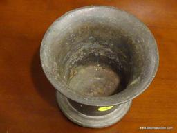 ANTIQUE HEAVY BRASS MORTAR & PESTLE; USED FOR EITHER FOOD OR APOTHECARY; PESTLE HAS A WOODEN HANDLE