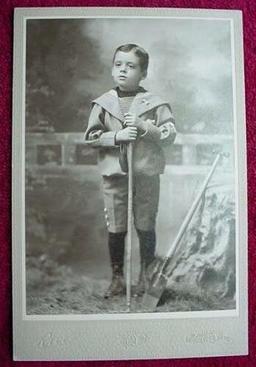 1890 Cabinet Photo Boy in Sailor Suit with Shovel & Rake Circa 1890 Cabinet Card photograph of a