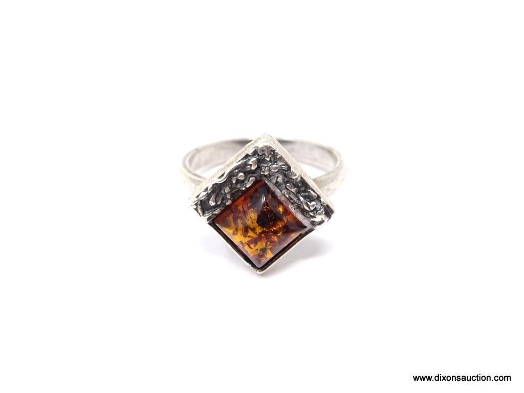 ARTISAN STERLING AND AMBER RING; GORGEOUS ARTISAN HANDMADE STERLING SILVER RING WITH BEAUTIFUL AMBER