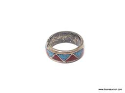 STERLING SILVER NATIVE MADE TURQUOISE & CORAL RING; BEAUTIFUL NATIVE MADE STERLING SILVER TURQUOISE