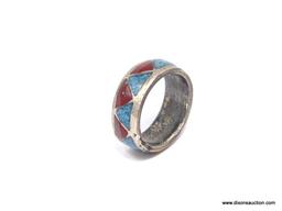 STERLING SILVER NATIVE MADE TURQUOISE & CORAL RING; BEAUTIFUL NATIVE MADE STERLING SILVER TURQUOISE