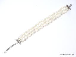 .925 TRIPLE STRAND PEARL BRACELET; GORGEOUS .925 STERLING AND PEARL TRIPLE STRAND BRACELET. THIS