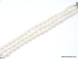 .925 TRIPLE STRAND PEARL BRACELET; GORGEOUS .925 STERLING AND PEARL TRIPLE STRAND BRACELET. THIS