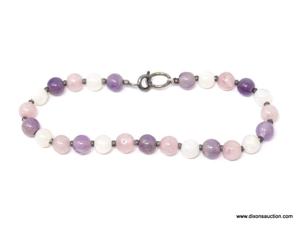 .925 ROSE & WHITE QUARTZ & AMETHYST BEAD BRACELET; VINTAGE ROSE QUARTZ, WHITE AND AMETHYST HEALING &