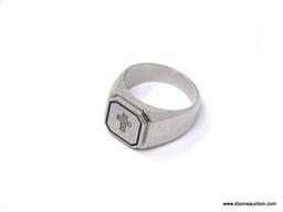 STAINLESS STEEL AND 6 DIAMOND CROSS RING .20 TW; GORGEOUS MEN'S STAINLESS STEEL AND DIAMOND RING.