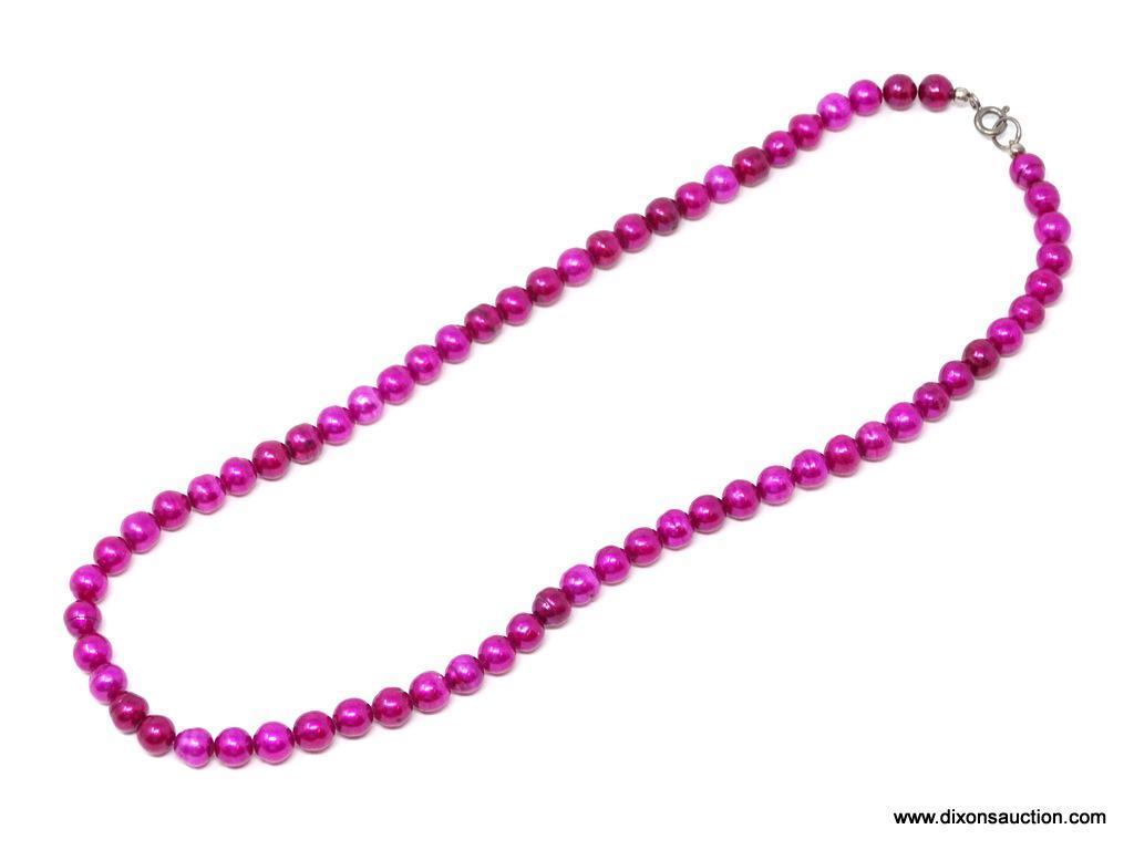 .925 PINK DYED PEARL NECKLACE; BEAUTIFUL PINK DYED NATURAL PEARL NECKLACE WITH .925 STERLING SILVER