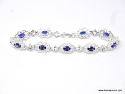 WHITE CZ AND BLUE SAPPHIRE FORMAL DINNER BRACELET; GORGEOUS LAB CREATED BLUE SAPPHIRE AND WHITE CZ