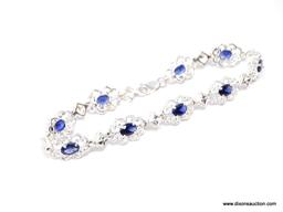 WHITE CZ AND BLUE SAPPHIRE FORMAL DINNER BRACELET; GORGEOUS LAB CREATED BLUE SAPPHIRE AND WHITE CZ