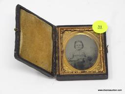 ANTIQUE TINTYPE; NINTH PLATE SIZE AND IS TITLED "CHILD IN LIGHT DRESS". IS IN EXCELLENT CONDITION.