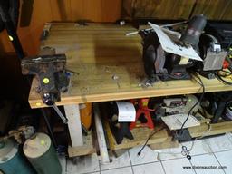 WORKBENCH; WOODEN WORKBENCH WITH LOWER SHELF AND ON CASTERS FOR EASY MOVEMENT. IS IN VERY GOOD