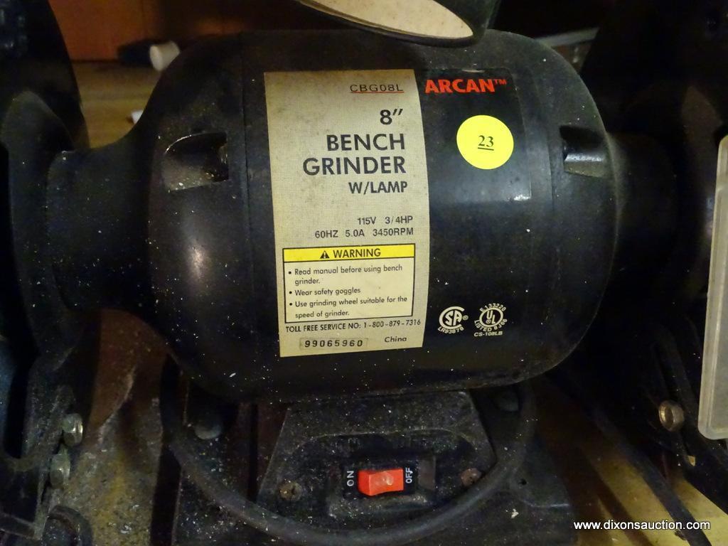 BENCH GRINDER; ARCAN 8 IN GRINDER IN GOOD USED CONDITION. HAS MANUAL. MODEL CBG08L.