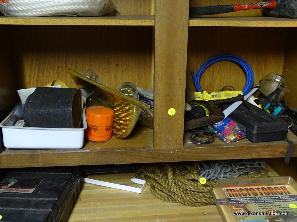 PARTIAL CABINET LOT; INCLUDES 1 SHELF WITH ASSORTED CONTENTS OF A C-CLAMP, SAFETY GOGGLES, A