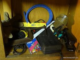 PARTIAL CABINET LOT; INCLUDES 1 SHELF WITH ASSORTED CONTENTS OF A C-CLAMP, SAFETY GOGGLES, A