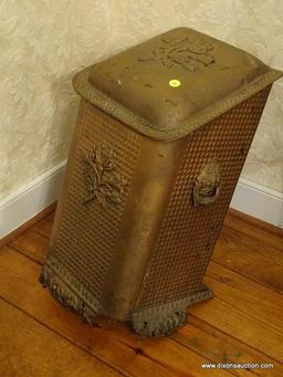 (DR) ANTIQUE KINDLING BOX; ANTIQUE METAL KINDLING BOX WITH FLORAL EMBOSSED HANDLES AND EMBOSSED