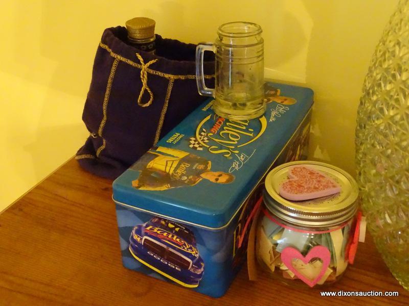 (DR) MISC.. ITEMS ON TOP OF CHEST; MISC. ITEMS INCLUDE A LIDDED GLASS TEA DISPENSER, CROWN ROYAL