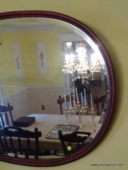 (DR) VINTAGE MIRROR; VINTAGE OVAL MAHOGANY BEVELED GLASS MIRROR- 40 IN X 32 IN