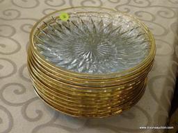 (DR) LOT OF GLASS PLATES; 12 GLASS AND GOLD RIMMED PLATES.