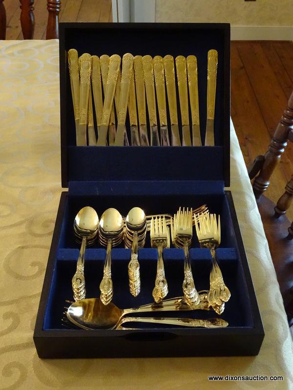 (DR) FLATWARE IN CASE; 84 PCS OF INTERNATIONAL GOLD TONED STAINLESS STEEL FLATWARE IN FLORAL PATTERN