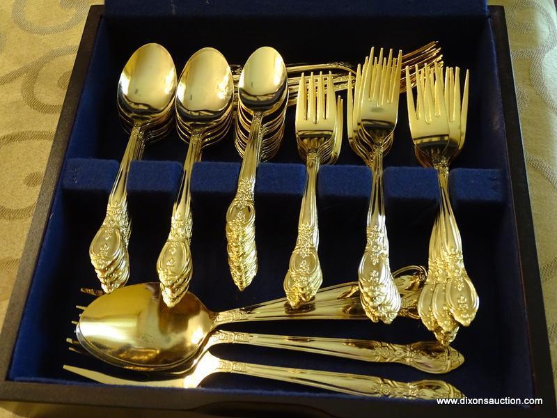 (DR) FLATWARE IN CASE; 84 PCS OF INTERNATIONAL GOLD TONED STAINLESS STEEL FLATWARE IN FLORAL PATTERN