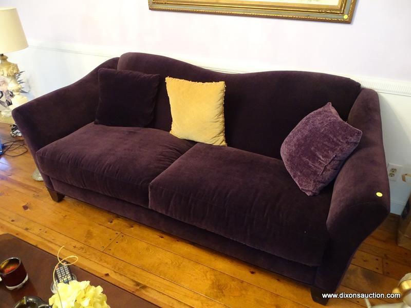 (LR) PURPLE UPHOLSTERED SOFA; 2 CUSHION SOFA WITH 2 MATCHING ACCENT PILLOWS. INCLUDES A CREAM/BEIGE