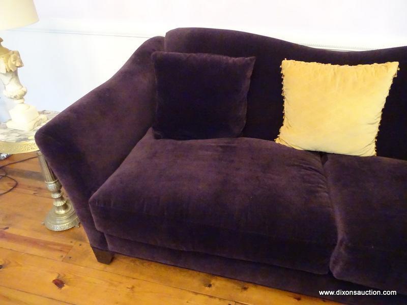 (LR) PURPLE UPHOLSTERED SOFA; 2 CUSHION SOFA WITH 2 MATCHING ACCENT PILLOWS. INCLUDES A CREAM/BEIGE