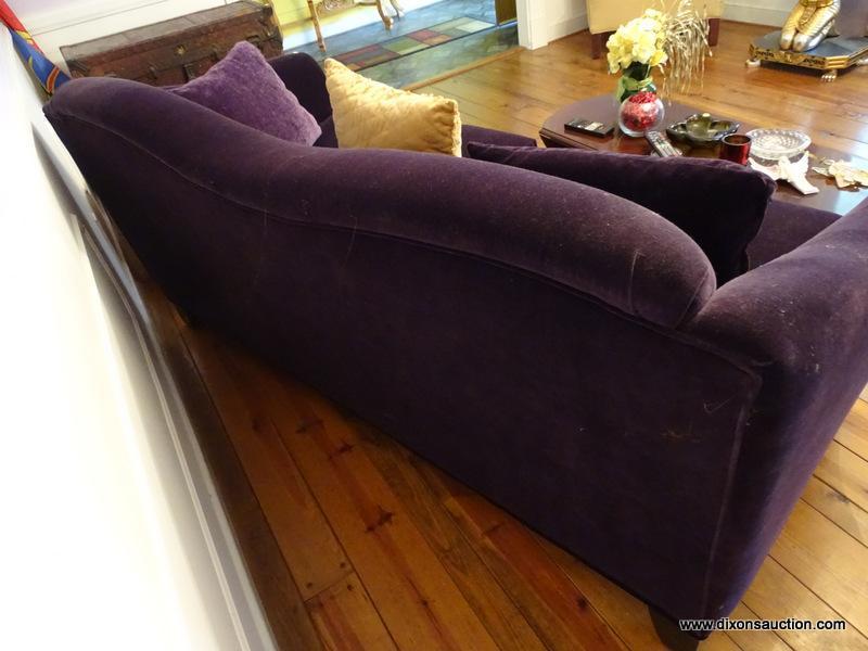 (LR) PURPLE UPHOLSTERED SOFA; 2 CUSHION SOFA WITH 2 MATCHING ACCENT PILLOWS. INCLUDES A CREAM/BEIGE