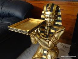 (FAM) EGYPTIAN FIGURAL TABLE; GOLD TONED AND BLACK PAINTED KNEELING EGYPTIAN FIGURAL BUTLERS TABLE