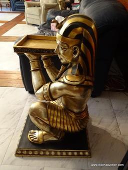 (FAM) EGYPTIAN FIGURAL TABLE; GOLD TONED AND BLACK PAINTED KNEELING EGYPTIAN FIGURAL BUTLERS TABLE