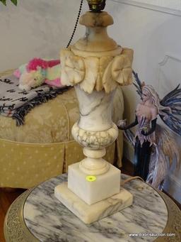 (LR) ALABASTER LAMP; FLORAL AND URN SHAPED LAMP WITH A ROUND CLOTH SHADE AND BRASS FINIAL. IS IN