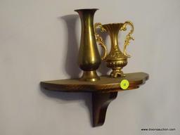 (LR) 2 SHELF LOT; INCLUDES 2 WOODEN WALL HANGING SHELF UNITS. BOTH INCLUDE BRASS DECORATIVE PIECES