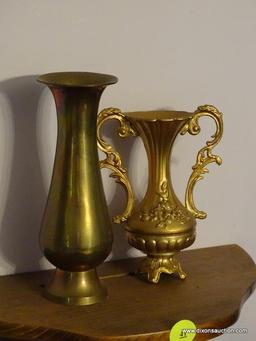 (LR) 2 SHELF LOT; INCLUDES 2 WOODEN WALL HANGING SHELF UNITS. BOTH INCLUDE BRASS DECORATIVE PIECES