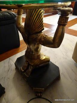 (FAM) EGYPTIAN FIGURAL TABLE; 1 OF A PAIR OF GOLD TONED AND BLACK PAINTED KNEELING EGYPTIAN FIGURAL