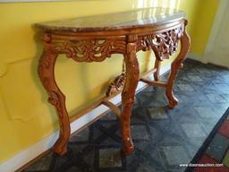 (FOY) DEMILUNE HALL TABLE; MARBLE TOP AND PINE FINISH DEMILUNE HALL TABLE WITH ACANTHUS CARVED LEGS