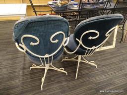 SET OF VINTAGE DINING CHAIRS; SET OF 4 CHAIR WITH ROUND BLUE UPHOLSTERED BUTTON TUFTED BACK, AND