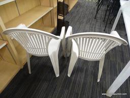 SET OF PATIO CHAIRS; SET OF 4 WHITE PLASTIC PATIO CHAIRS WITH FAN BACK PATTERN. EACH MEASURES 21.5