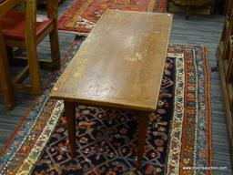 VINTAGE WOODEN COFFEE TABLE; SOLID WOOD PEG CONSTRUCTED RECTANGULAR COFFEE TABLE WITH TAPERED BLOCK