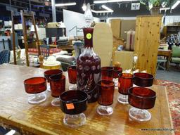 VINTAGE RUBY GLASS SET; 13 PIECE SET OF RUBY GLASSWARE TO INCLUDE A FLORAL ETCHED DECANTER WITH