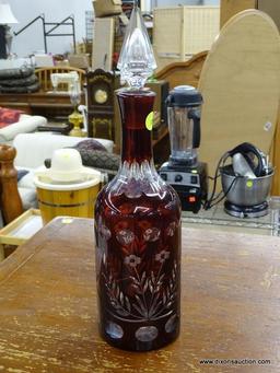 VINTAGE RUBY GLASS SET; 13 PIECE SET OF RUBY GLASSWARE TO INCLUDE A FLORAL ETCHED DECANTER WITH
