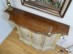 (LR) CREDENZA; CHERRY AND PAINTED BASE SERPENTINE FRONT CREDENZA- EXCELLENT CONDITION- 38 IN X 12 IN