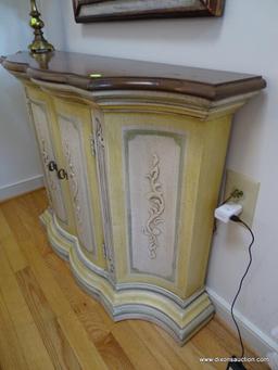 (LR) CREDENZA; CHERRY AND PAINTED BASE SERPENTINE FRONT CREDENZA- EXCELLENT CONDITION- 38 IN X 12 IN