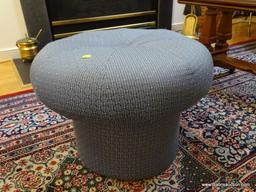 (LR) OTTOMAN; ROUND BLUE UPHOLSTERED OTTOMAN- 18IN DIA X 13 IN H