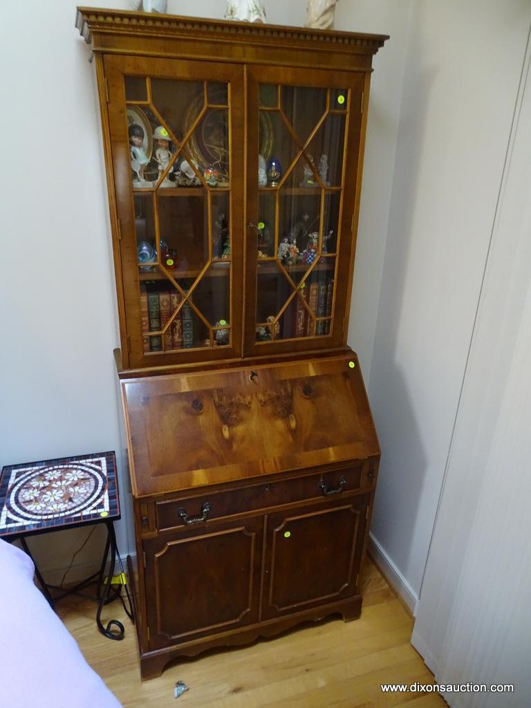 (LR)VINTAGE SECRETARY; VINTAGE CHERRY AND BURLED WALNUT SECRETARY WITH BOOKCASE DENTIL MOLDING TOP-